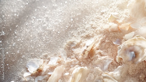 Iridescent crushed oyster shell powder burst with mother-of-pearl fragments: Luxurious digital background for cosmetics and marine skincare. High-resolution coastal textures.