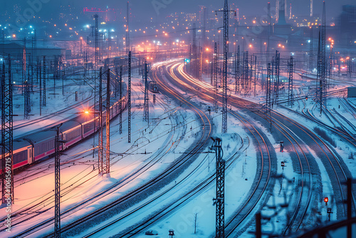 A wide-angle view of a snowy night city with high-speed trains crisscrossing tracks, illuminated by vehicle light trails in an industrial area.