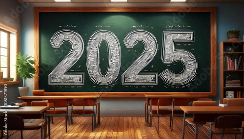 The year 2025 is written in large, chalky letters on a classic green chalkboard, set against the backdrop of a traditional classroom. The scene evokes a sense of nostalgia and new year.