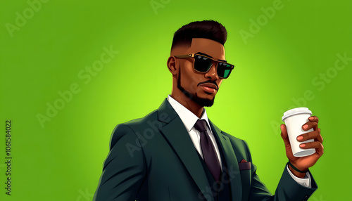 Stylish African American man in suit and sunglasses holding a cup of coffee against a green background isolated with white shades, png