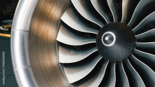 Close-up of a jet engine turbine, showcasing intricate metallic blades and textures, conveying power and engineering excellence.