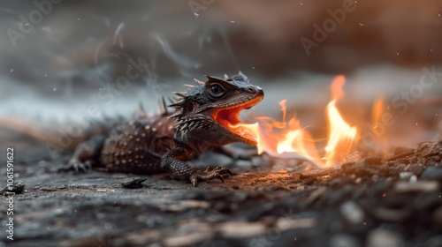 A fiery lizard with open mouth spewing flames in an intense, surreal confrontation of primal and magical elements.