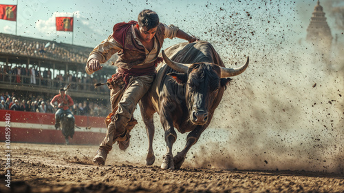 A man in traditional Mexican clothing is riding a bull with long horns, performing a daring stunt in a dusty arena, with a crowd of people watching in the background.