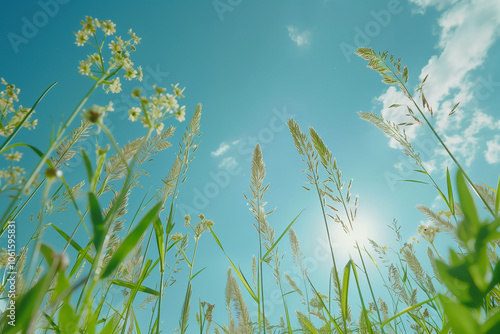 Des épis de blé vert jeune en gros plan, avec un ciel bleu clair en arrière-plan.