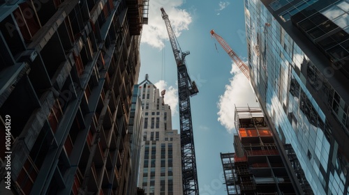 Towering cranes reach into the sky amongst rising skyscrapers, framing the dynamic and ever-evolving city skyline against a backdrop of bright blue skies.