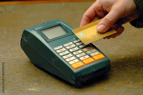 Person holding a credit card and calculator, looking at expenses. On the table, a laptop, papers, and coffee cup. Home office set-up suggests financial management.