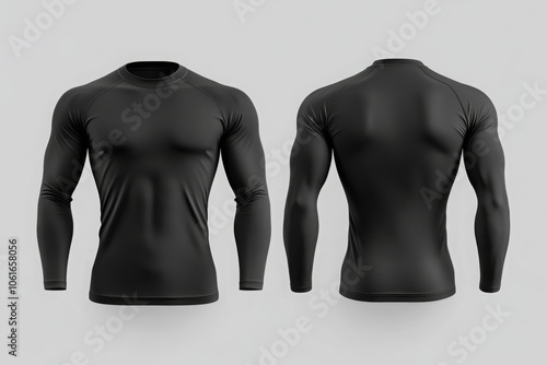 blank black rash guard mockup front and back view. 