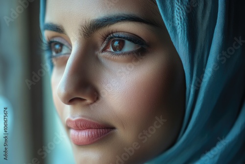 A close-up shot of a woman wearing a headscarf, great for editorial or commercial use