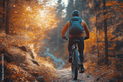 Mountain biker riding on trail in autumn forest at sunset