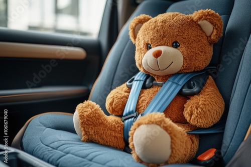 Teddy bear wearing seatbelt in car promoting child safety