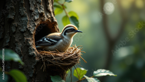 A small bird sitting in its nest on a tree.