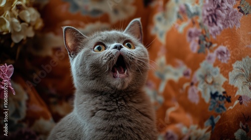 A lazy cat stretches out on a couch, yawning widely