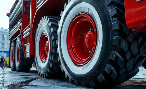 Close-up of a red fire truck's tire with whitewall, parked on pavement.