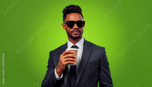 Stylish African American man in suit and sunglasses holding a cup of coffee against a green background isolated with white shades, png