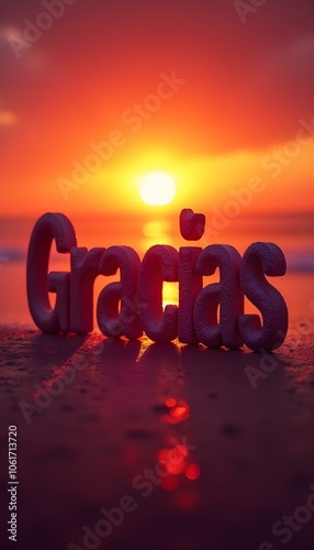 Gracias Texto Fondo de Playa Atardecer o Amanecer con Sol y Océano Marina Título Elegante en 3D 