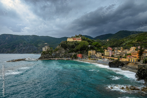 Dark clouds gather over the coast of Monterosso al Mare, Cinque Terre, Italy