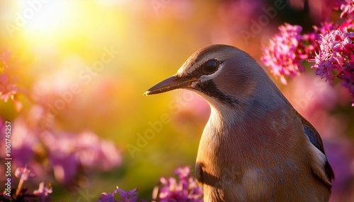 elegant bird in sunlit garden with blurred background