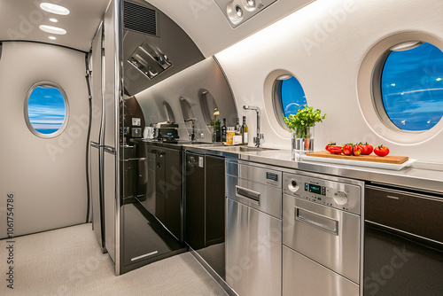 a modern aircraft galley interior with stainless steel finishes and clean lines