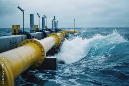 A resilient yellow pipeline stretches across turbulent ocean waves, representing strength and industrial might amid the restless sea.