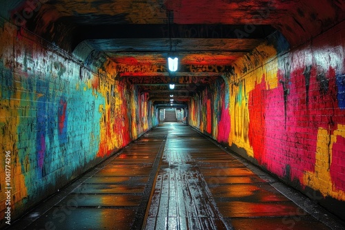 urban graffiti art, city vibe street art on an overpass with splashes of color, perfect for text placement