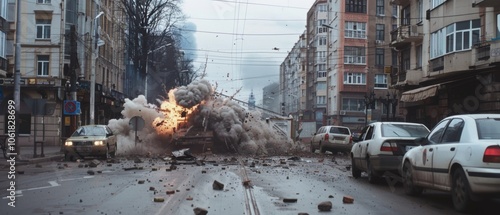 A powerful urban explosion sends debris and flames soaring through a street, capturing the chaos and volatility of a sudden disaster.