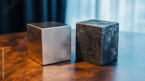 Two metal blocks, one gleaming stainless steel and the other a deep iron ore gray, positioned on a neutral surface, emphasizing the distinct properties of different magnetic metals