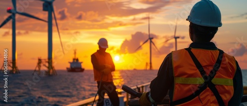 Silhouetted workers on a ship deck oversee sunset-lit wind turbines, embodying a blend of technology and nature's beauty over the ocean.