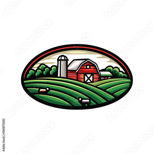 Illustrate a simple icon representing a rural landscape, featuring elements like fields, rolling hills, and maybe a farm house or a barn. Keep it minimal and easily recognizable.