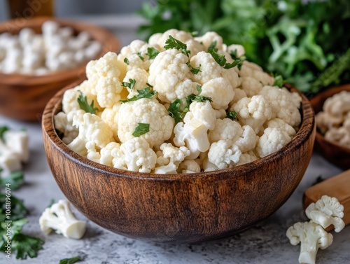 Fresh cauliflower beautifully arranged in a rustic wooden bowl with herbs, perfect for healthy cooking inspiration in a cozy kitchen