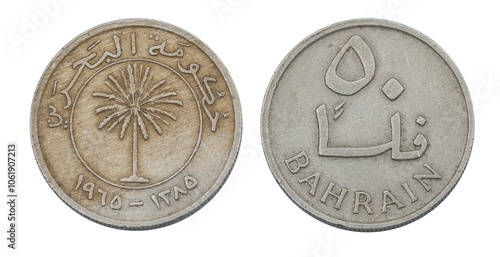 Old Bahrain coin with Arab language and palm tree sign, 1965 BAHRAIN 100 FILS COIN.