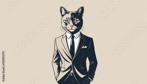 Sophisticated anthropomorphic cat in a suit, confidently posing against a minimalist beige background