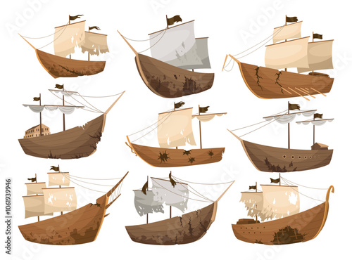 Broken ships icons set. Cartoon wooden battered ships with tattered flag and sails after wreck or attack. Destroyed, wreck ship isolated on white background