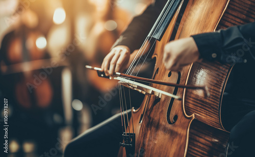 A musician playing the cello in an orchestra, emphasizing the craftsmanship and focus in a classical music performance.