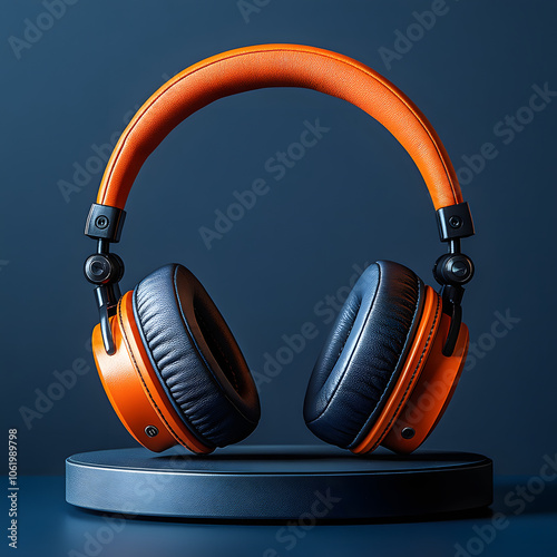 Orange metallic modern headset on bright blue background and stand 