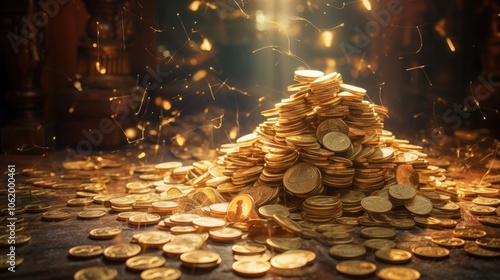 An ethereal scene where piles of money are magically transforming into a dazzling array of gifts and wonders, like sparkling jewelry, delicious food, and unique experiences. 