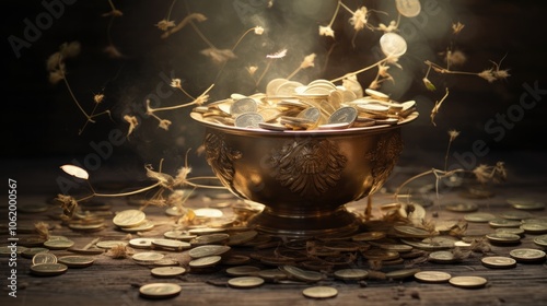 An ethereal scene where piles of money are magically transforming into a dazzling array of gifts and wonders, like sparkling jewelry, delicious food, and unique experiences. 