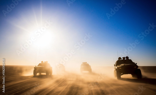 Armored military vehicles driving through a desert landscape at sunset, creating a dramatic silhouette against the dusty sky.