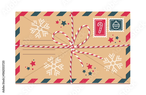 Charming Christmas Envelope Showcasing Decorative Snowflakes And Stars Complete With Festive Stamps