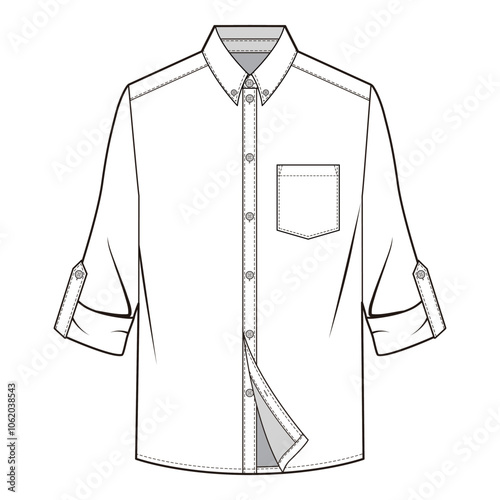 Front view of roll-up sleeve shirt with classic collar, button placket, front pocket, and shoulder epaulettes in line art. 