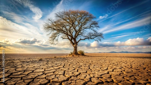 Barren landscape of climate change withered tree and dry earth