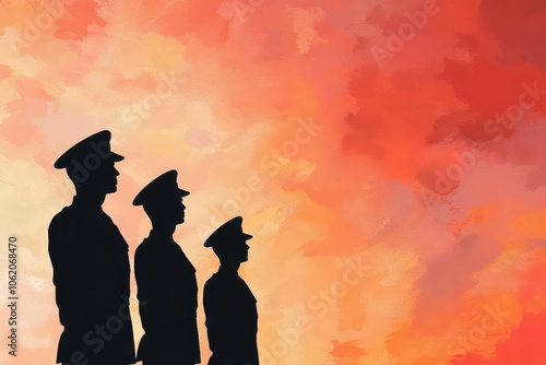 Artistic depiction of a sunset ceremony with Marines standing at attention, their silhouettes against the setting sun, Marine sunset ceremony, Beautiful and reverent