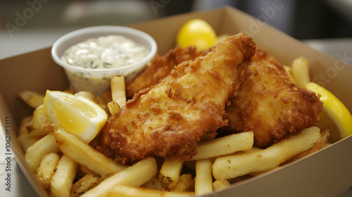 An appetizing serving of fish and chips in a box, featuring crispy battered fish, golden fries, tartar sauce, and lemon for an added burst of flavor. This popular dish offers the perfect blend of cris