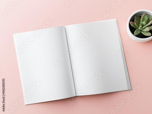 Blank open magazine mockup with clean white pages, laid flat on a neutral background, open magazine mockup blank