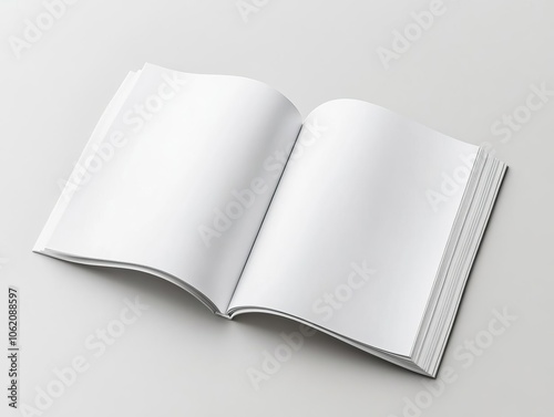 Blank open magazine mockup with clean white pages, laid flat on a neutral background, open magazine mockup blank