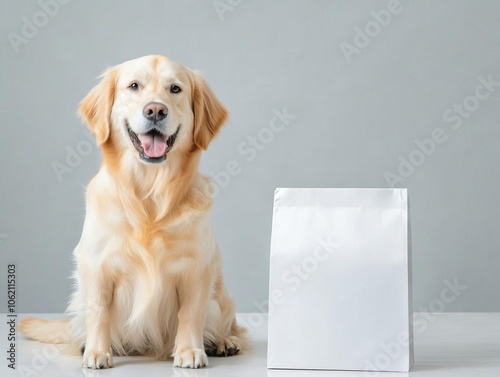 Golden retriever sitting beside blank pet food bag, eco-friendly design, soft lighting, natural background, branding-ready