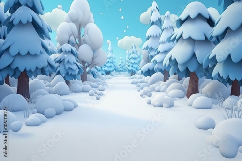 Merry Christmas. 3d Winter holiday landscape cartoon with snowdrifts and snowy fir trees