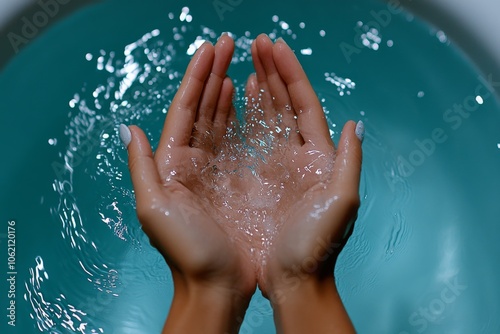 Hands pulling a plug in a bathtub, watching as water begins to drain with ripples, capturing the calming and inevitable process of release, symbolizing calm and relief