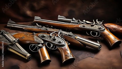 Display of Flintlock Pistols on a Worn Leather Background with Ample Copy Space