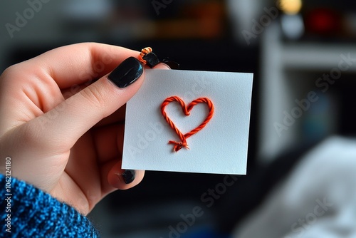 Person holding a hand-drawn heart on a paper, looking hopeful, capturing the innocent and heartfelt side of a first crush, symbolizing warmth and tenderness