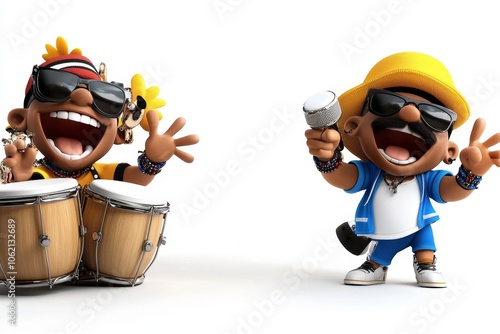 a 2D cartoon illustration of a person jamming on bongos with friends rhythmic and casual white background